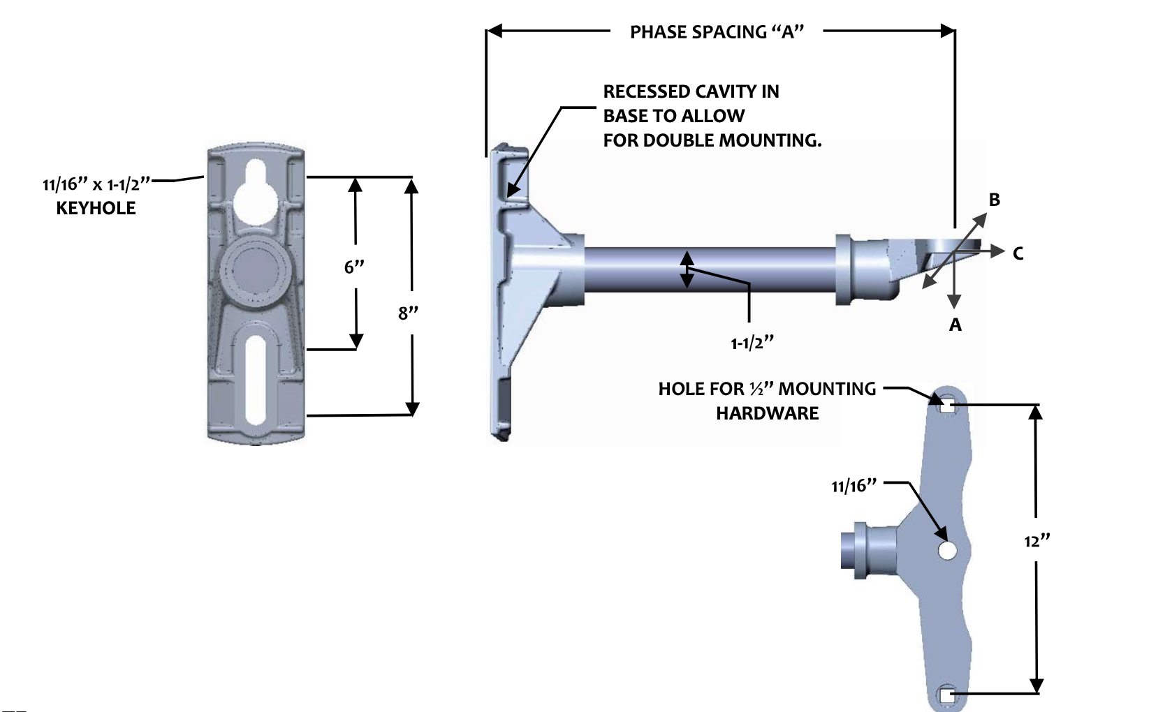 FLH0-1-12-C2 Single Phase 0° Cutout & Arrestor Bracket