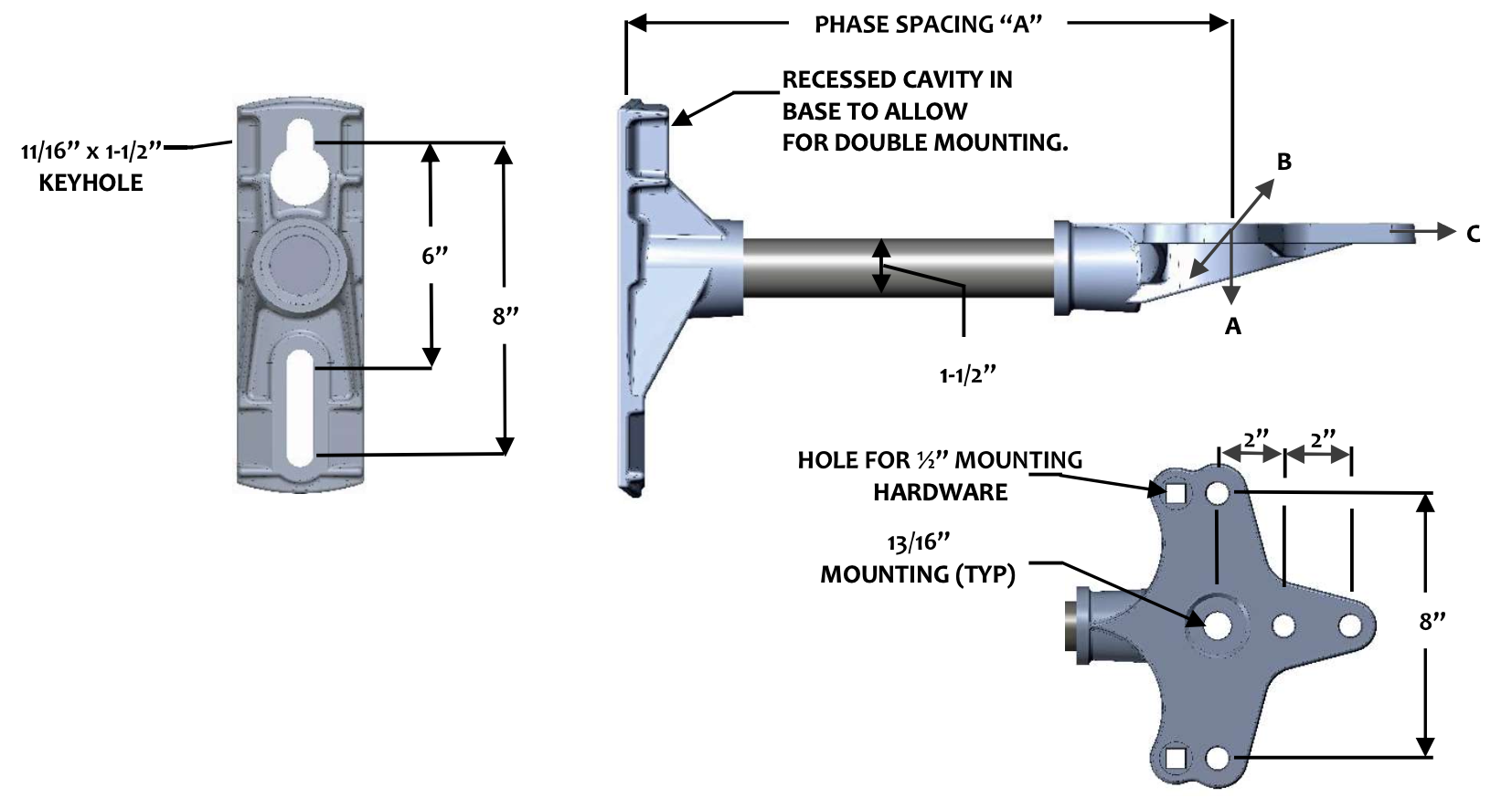 FLH0-1-12-C3 Single Phase 0° Cutout & Arrestor Bracket