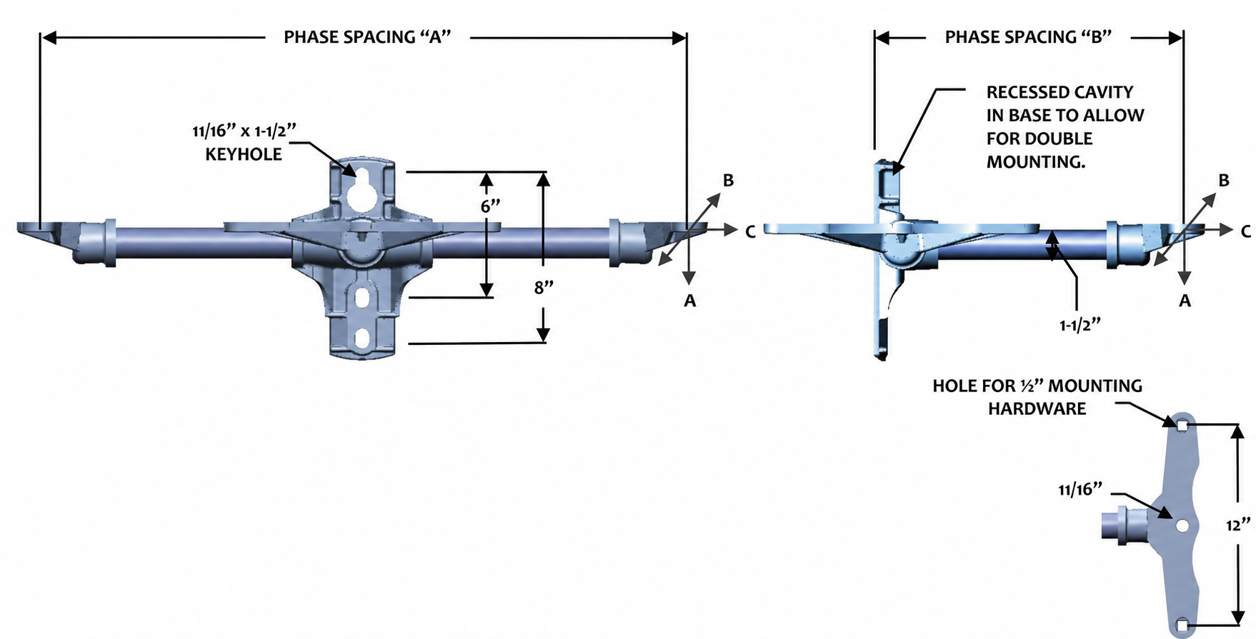 FLH30-1-3613-C2 Triple Phase 0° Cutout & Arrestor Bracket