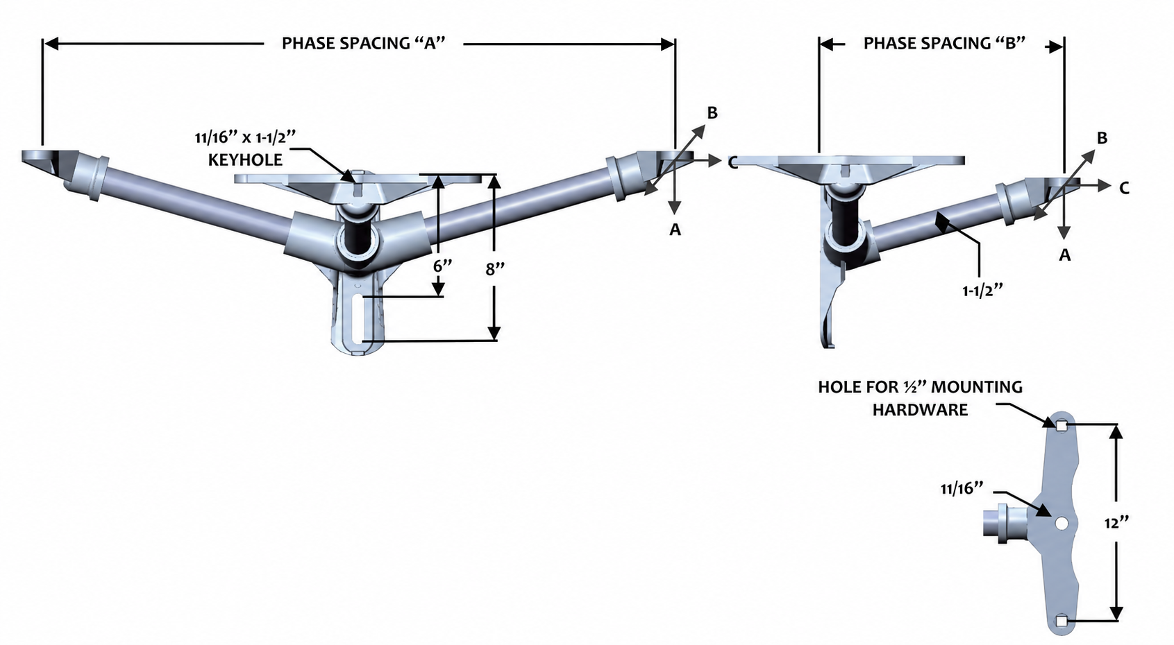 FLH3R-1-3613-C2 Triple Phase 15° Cutout & Arrestor Bracket